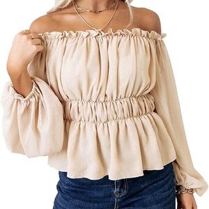 Elegant Cream Off-Shoulder Smocked Blouse